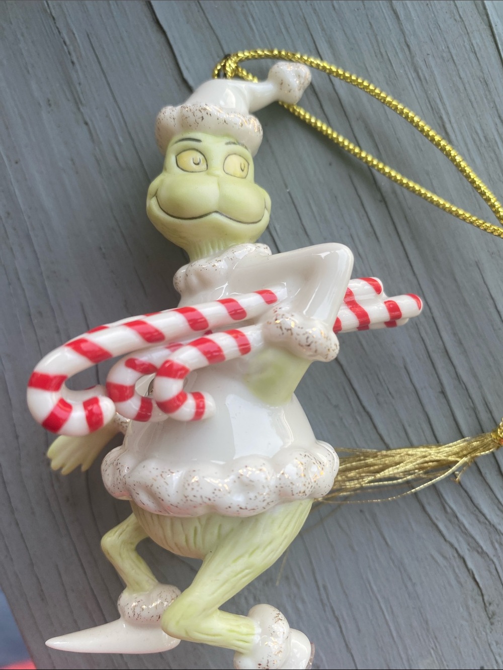 Lenox White and Red Grinch Ornament Holding Candy Canes